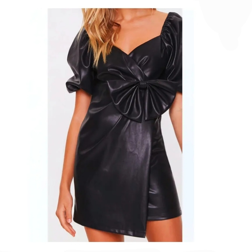 Black Faux Leather Front Bow Mini Dress